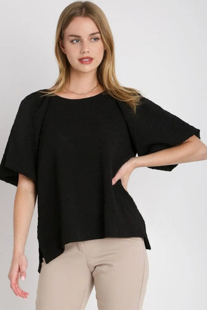 Plus size Umgee boxy jacquard top with round neck and side slit, featuring a full size fit and stylish design.