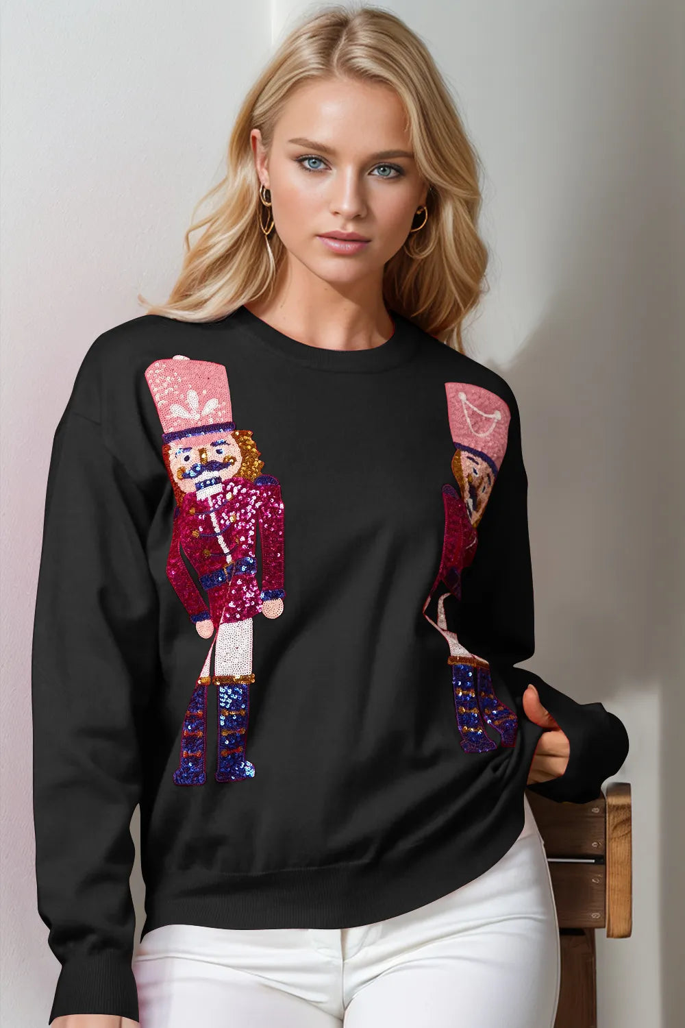 Trendsi Double Take full size sweater with sequins, long sleeve knit sweater featuring a bold nutcracker design and festive style.