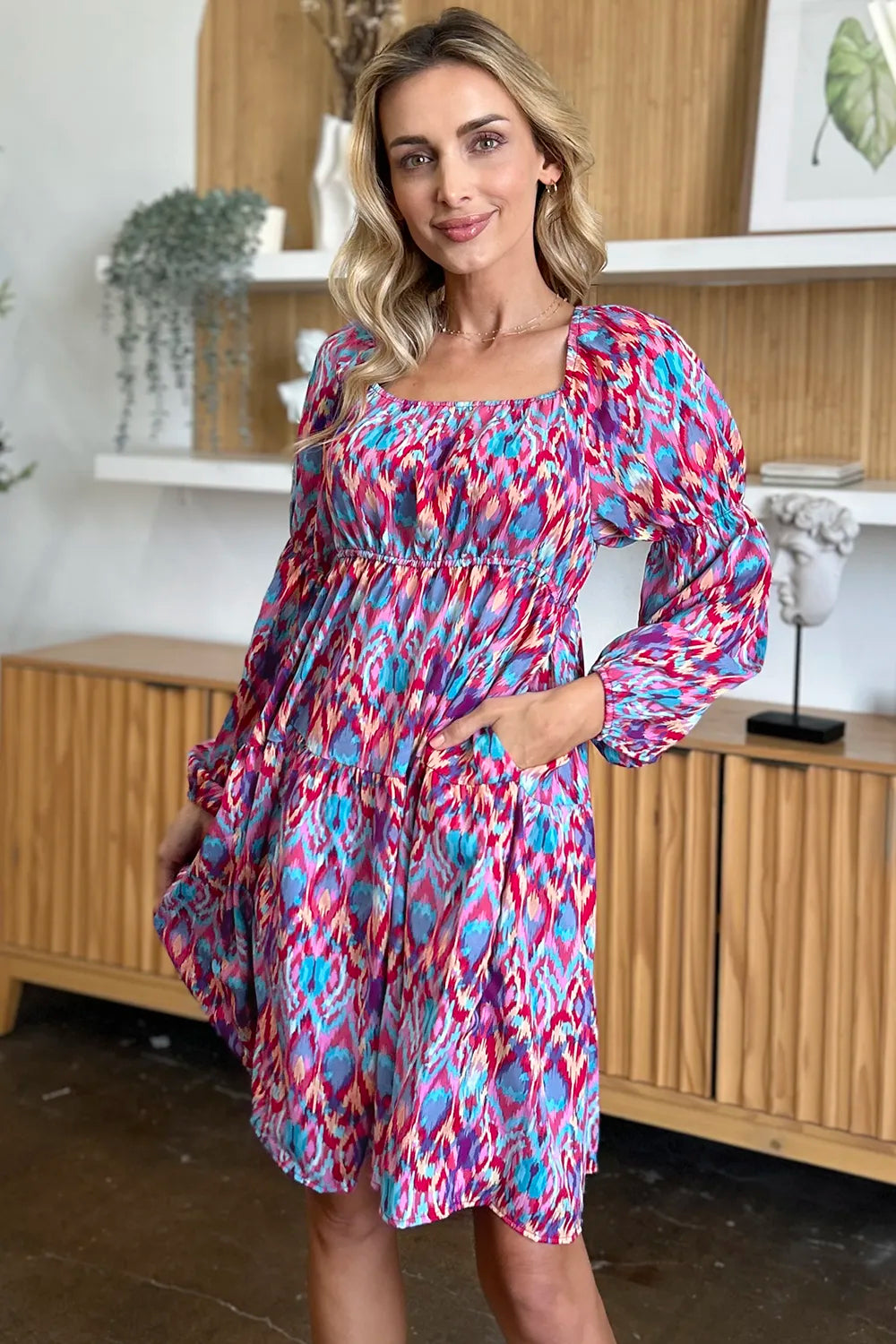 Long sleeve printed dress from Double Take, full size, trendy dress with bold graphics, stylish and comfortable for everyday wear.
