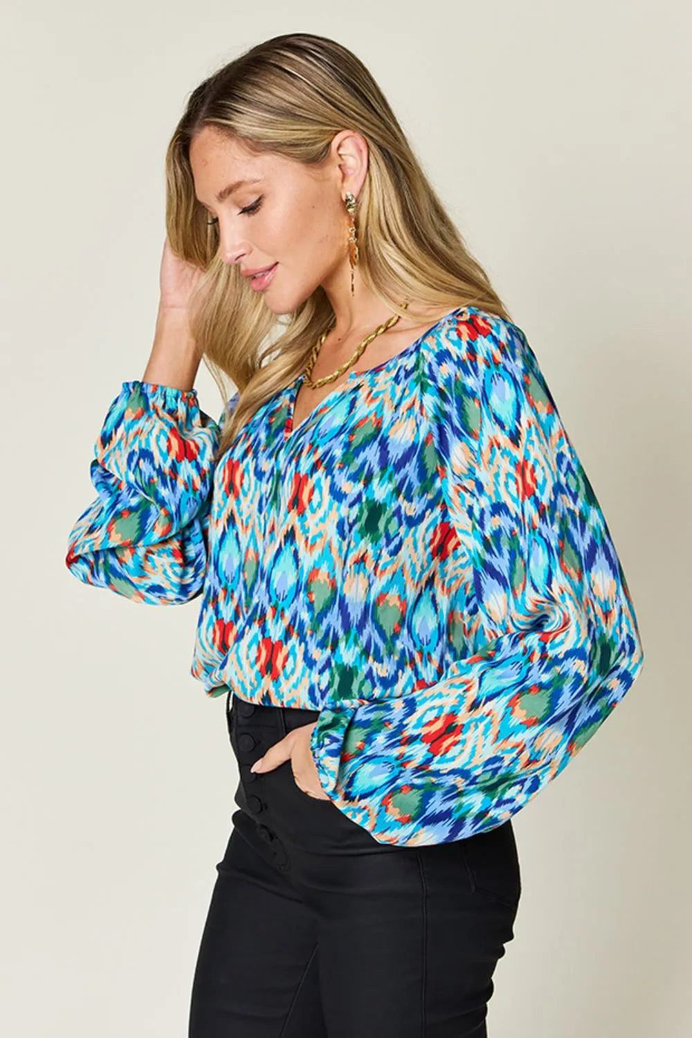 Printed balloon sleeve blouse from Trendsi featuring a double take full size design and stylish balloon sleeves.