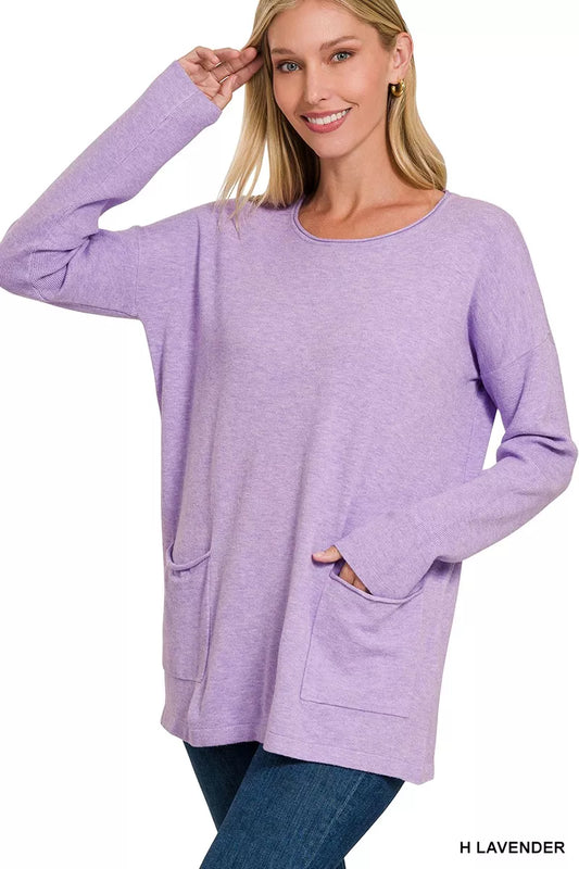 Zenana Viscose long sleeve sweater with front pockets, soft and comfortable, in a neutral color, perfect for casual wear.
