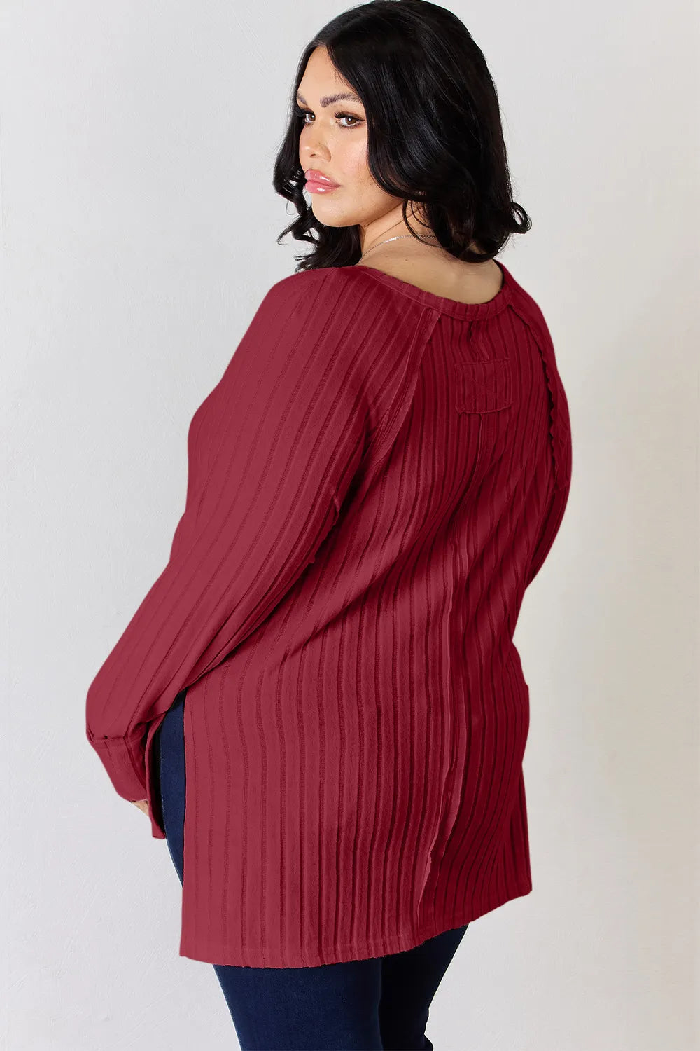 Trendsi Basic Bae full-size ribbed round neck slit T-shirt in neutral color, with ribbed texture and relaxed fit.