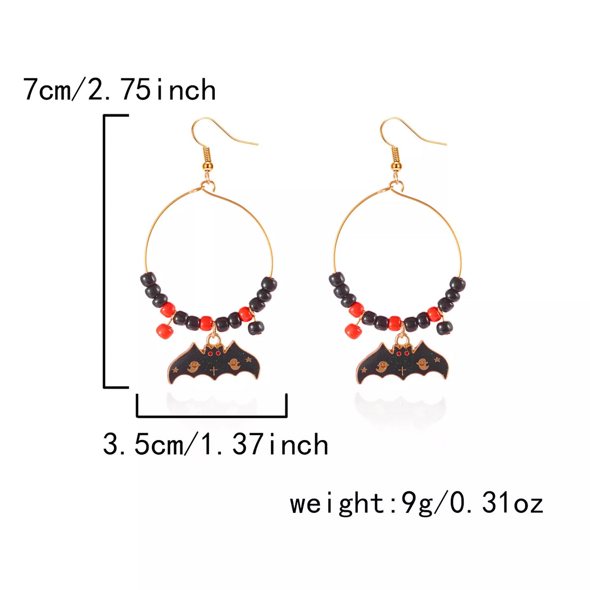 Halloween bat charm hoop earrings featuring black bat designs on silver hoops, perfect for spooky seasonal accessories.