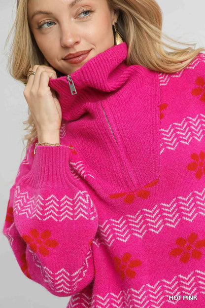 Umgee floral patterned jacquard quarter-zip pullover sweater featuring a vibrant floral design and cozy knit texture.
