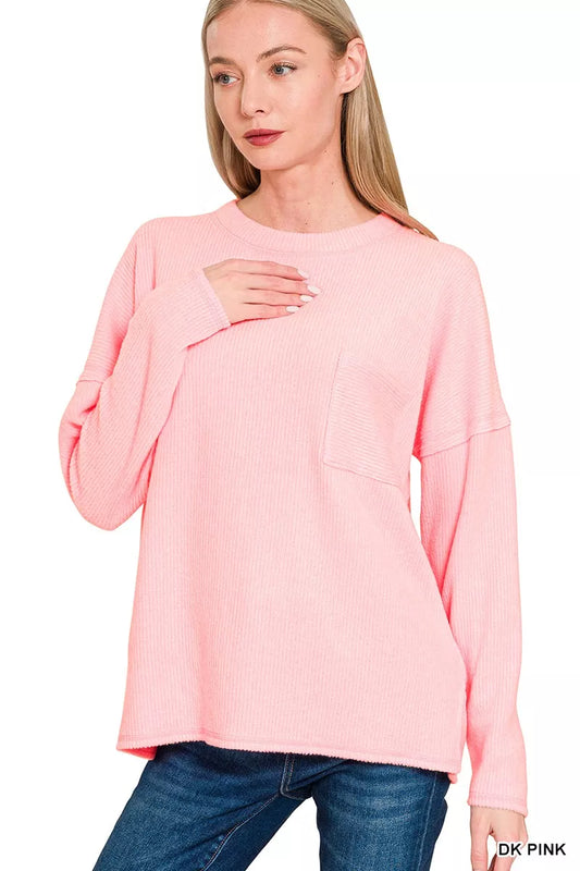 Zenana ribbed brushed melange Hacci sweater with chest pocket, cozy knit, long sleeves, and relaxed fit.