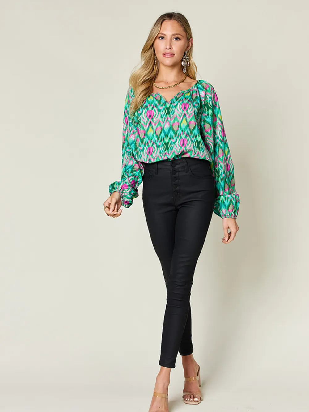 Printed balloon sleeve blouse from Trendsi featuring a double take full size design and stylish balloon sleeves.