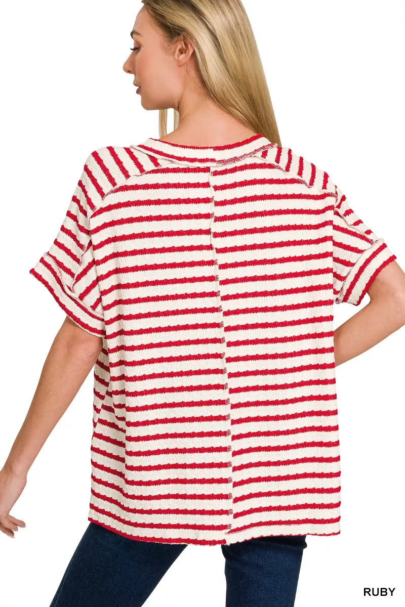 Zenana stripe jacquard round-neck tee in soft fabric, featuring a stylish striped pattern with long sleeves and a classic fit.