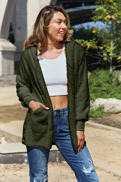 Full size Teddy hoodie jacket with pockets, cozy and soft, by Trendsi, featuring a hood and front pocket design.