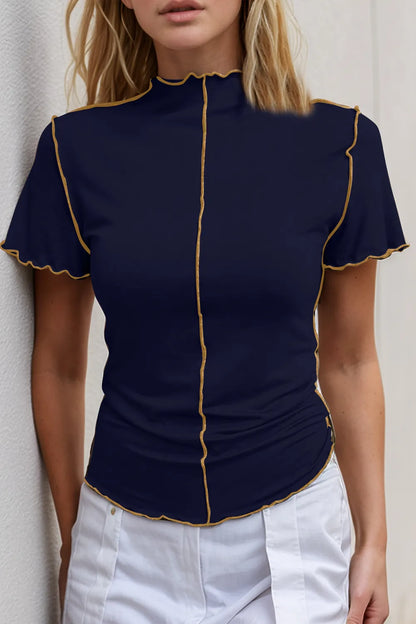 Trendsi Basic Bae mock neck casual top with wave edge, contrast stitching, ruffle short sleeves, slim fit, stylish and comfortable.