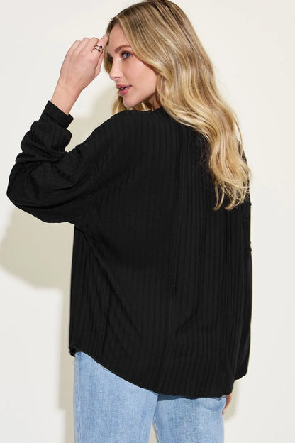 Basic Bae ribbed round neck long sleeve T-shirt by Trendsi, featuring a full-size fit and soft ribbed fabric in a neutral color.