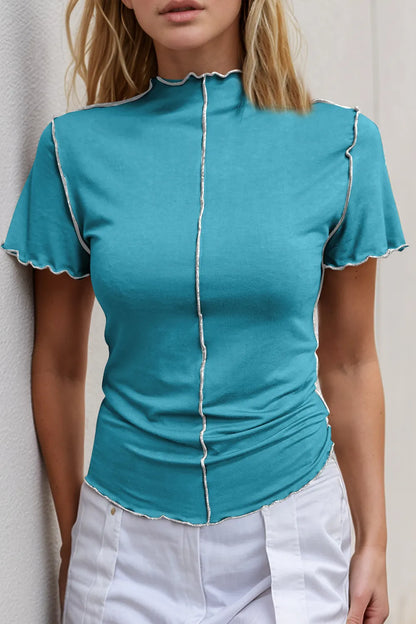 Trendsi Basic Bae Mock Neck Wave Edge Contrast Stitching Ruffle Short Sleeve Slim Fit Casual Top