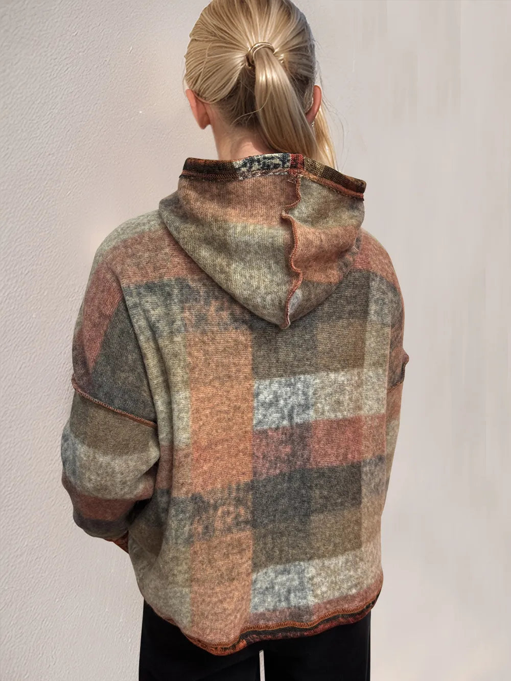 Plus size Trendsi plaid fleece hoodie with dropped shoulders and double take full size design, featuring a cozy fleece fabric.