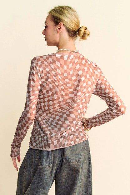Checkerboard mesh long sleeve layering top by Davi & Dani, stylish black and white pattern with breathable fabric for casual wear.