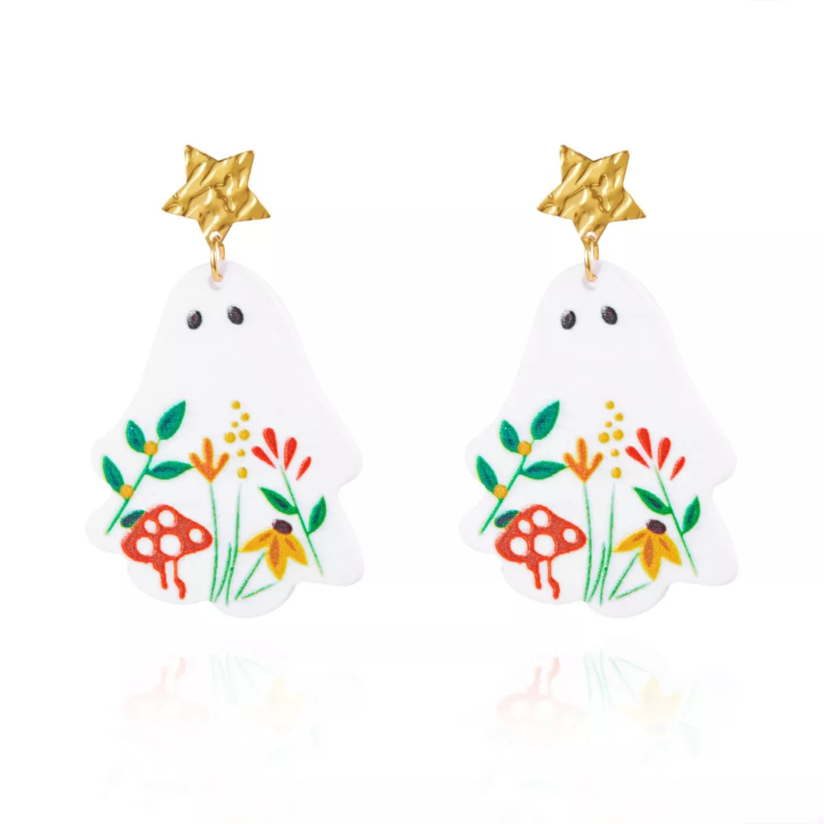 Whimsical ghost earrings with floral design, trendy jewelry featuring playful ghost shapes and colorful floral accents.