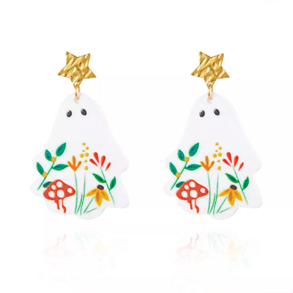 Whimsical ghost earrings with floral design, trendy jewelry featuring playful ghost shapes and colorful floral accents.