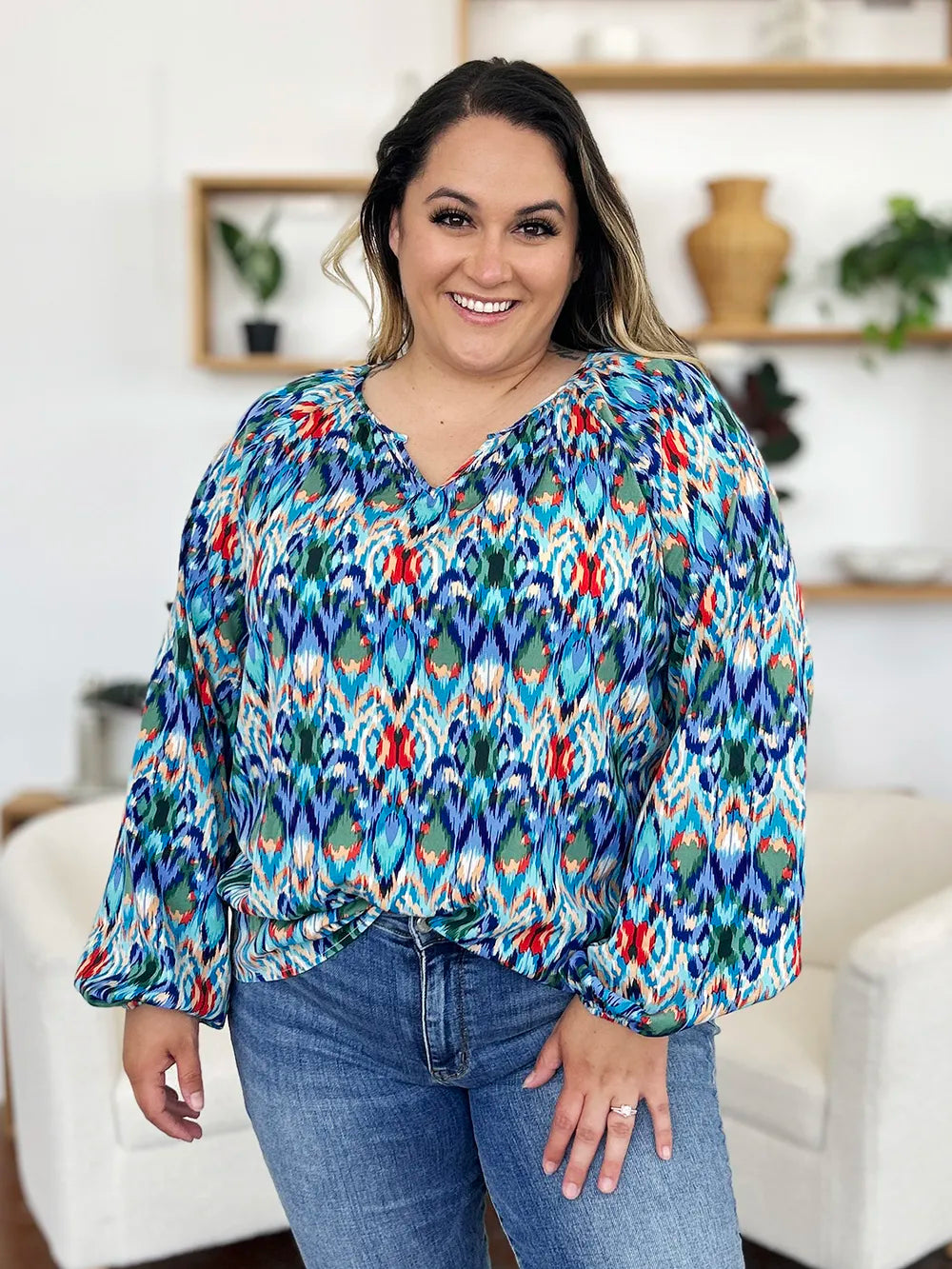 Printed balloon sleeve blouse from Trendsi featuring a double take full size design with stylish balloon sleeves.
