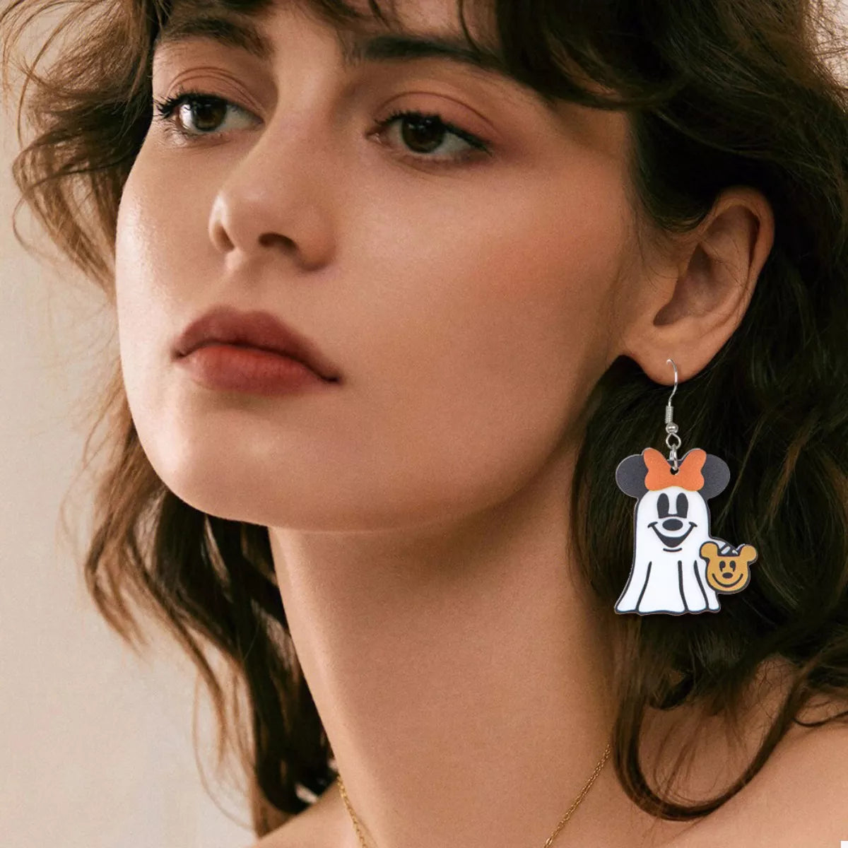 Halloween Mickey Ghost dangle earrings featuring ghost and Mickey Mouse designs, perfect for festive costume accessories.
