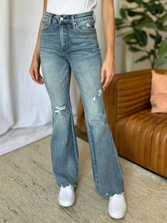 Judy Blue full-size medium rise tummy control destroy flare jeans with distressed details and flared legs, displayed on a white background.
