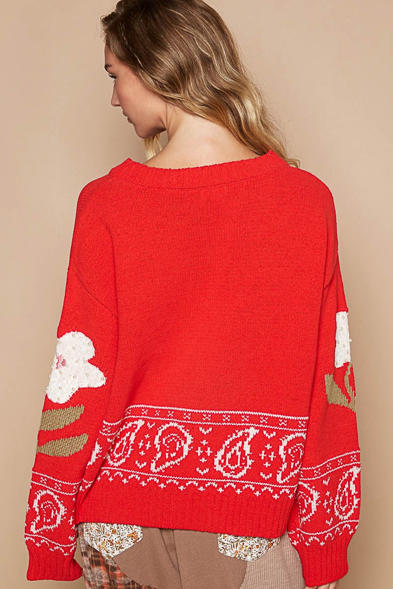 POL Flower Lace Patch Long Sleeve Sweater