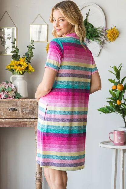 Plus size Heimish striped short sleeve mini tee dress with a full size fit, featuring a casual, comfortable design.
