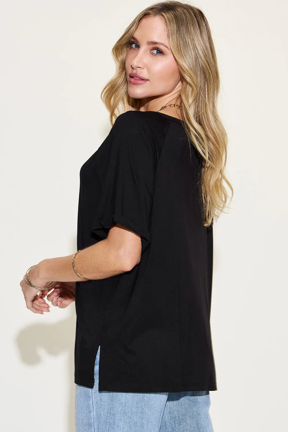Trendsi Basic Bae full-size bamboo V-neck short sleeve T-shirt with slit detail, lightweight and comfortable for casual wear.