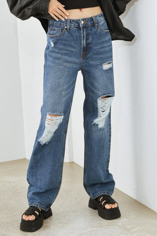 Distressed high waist jeans from HAMMER COLLECTION by Trendsi, showcasing a trendy, fitted denim style with a high-rise waist and distressed details.