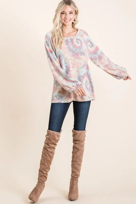 BrBi brushed tie-dye print top with puff sleeves, trendy fashion piece from Trendsi, featuring vibrant colors and comfortable fit.