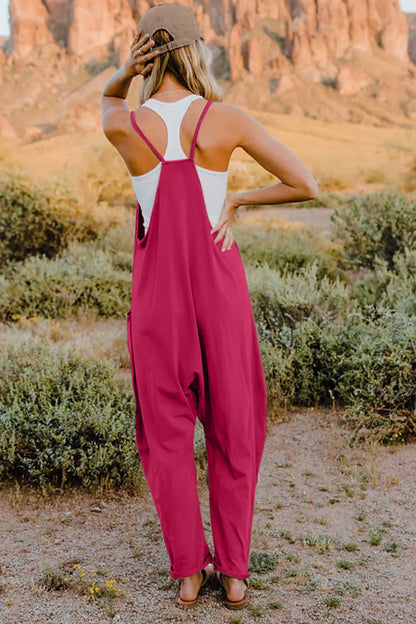 Double Take full size V-neck sleeveless jumpsuit with pockets, featuring a stylish fit and modern design by Trendsi.