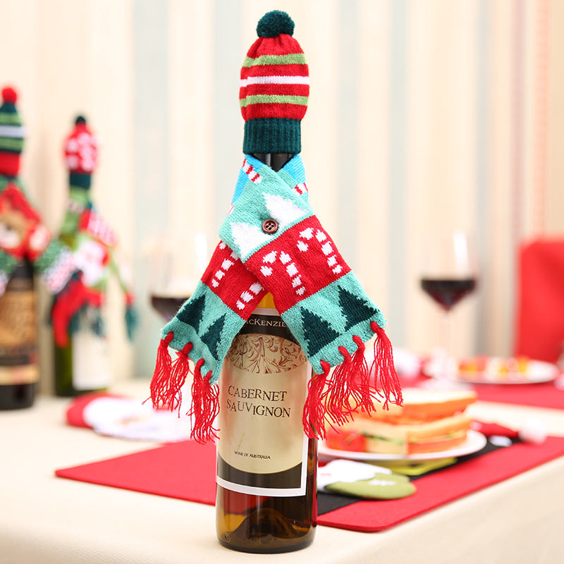 Christmas hat and scarf wine bottle decoration from Trendsi, festive holiday accessory for wine bottles, warm and colorful.