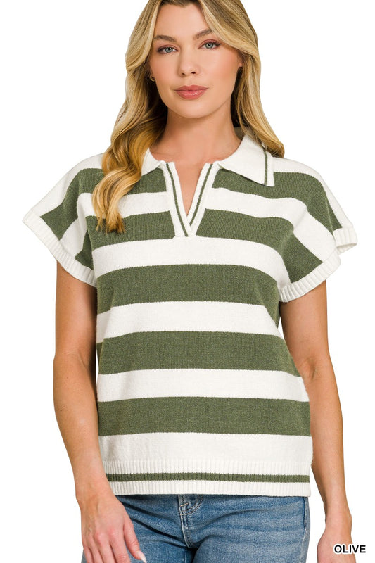 Zenana striped collared short sleeve sweater with a V-neck and ribbed cuffs, featuring horizontal navy and white stripes.