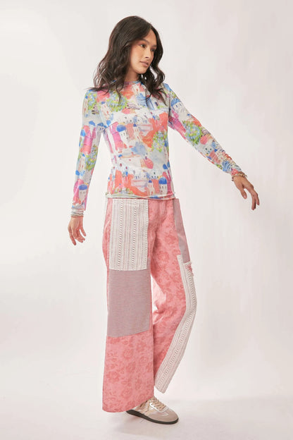 Davi & Dani multi-printed mesh long sleeve round neck top, stylish and lightweight with vibrant pattern details.