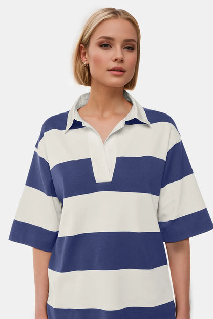 Oh Pima Cotton color block Johnny collar half sleeve top by Trendsi, featuring a stylish design with contrasting wash colors.