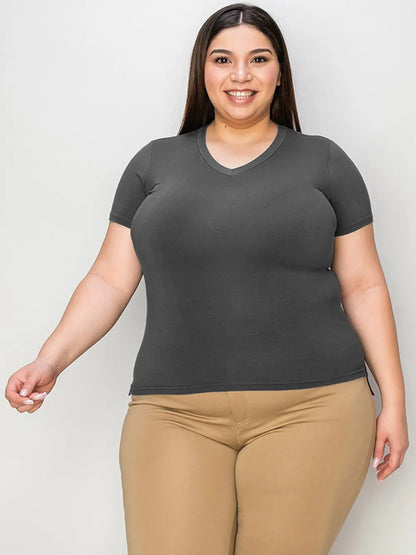 Basic Bae full-size V-neck high-low T-shirt by Trendsi, shown in black, featuring a relaxed fit and a stylish V-neck design.