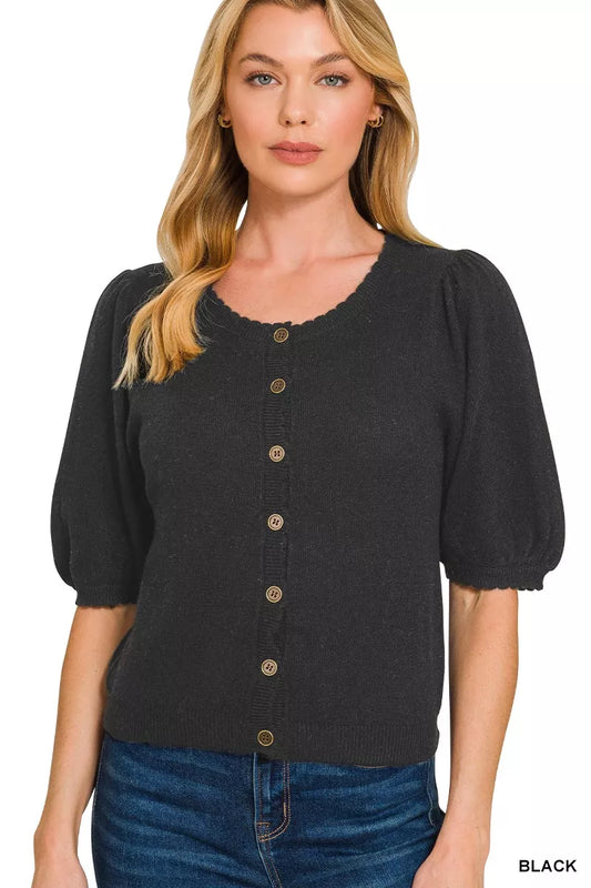 Light gray Zenana puff sleeve wool sweater cardigan with a relaxed fit and cozy knit texture, perfect for casual winter wear.