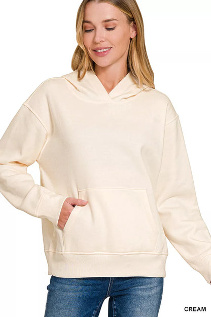 Light gray Zenana fleece hoodie with kangaroo pocket and hood, featuring a cozy, soft fabric perfect for casual wear.