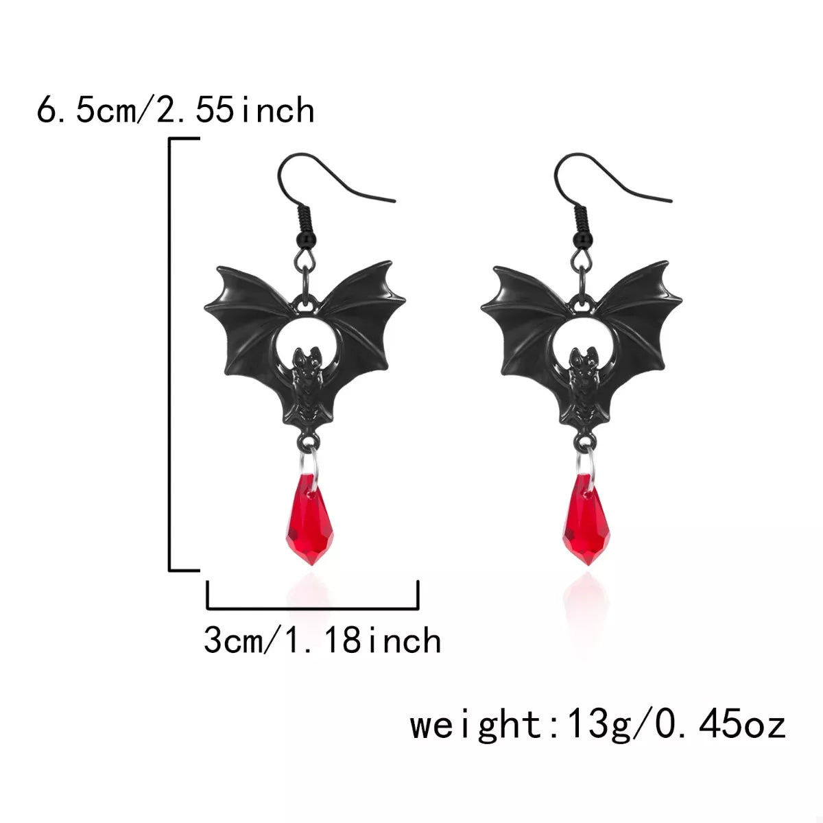 Gothic bat drop earrings with black metal bat design, trendy accessories for gothic fashion and dark style looks.