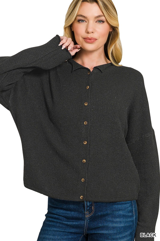 Zenana collared button-down cardigan sweater in soft knit fabric, featuring a classic collar and front button closure.