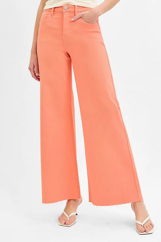 Plus size RISEN high rise wide leg palazzo jeans with tummy control, featuring a full size fit and trendy design.