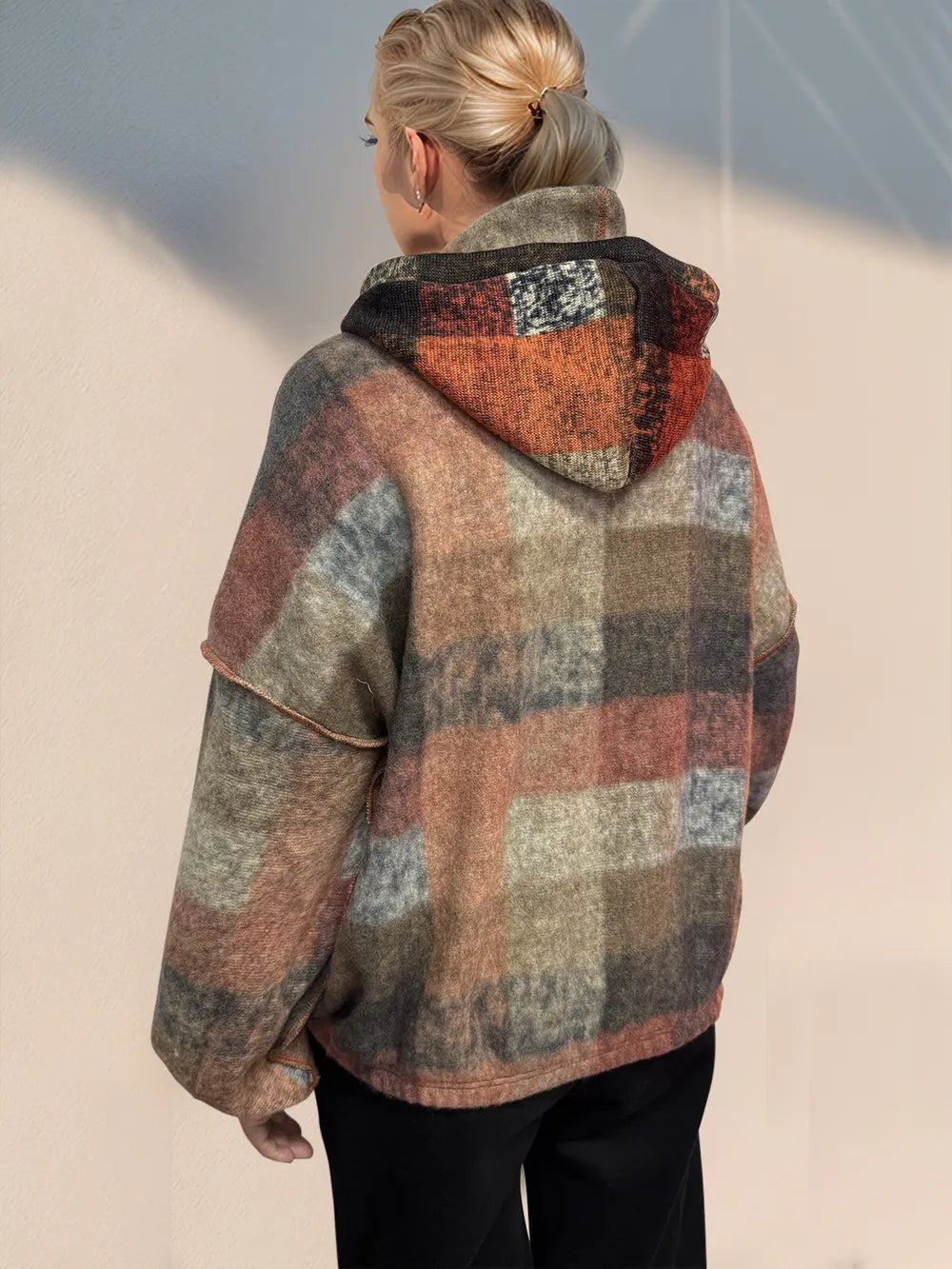 Trendsi Double Take full-size half zip fleece hoodie with exposed seams, soft fleece fabric, and casual fit shown in the image.