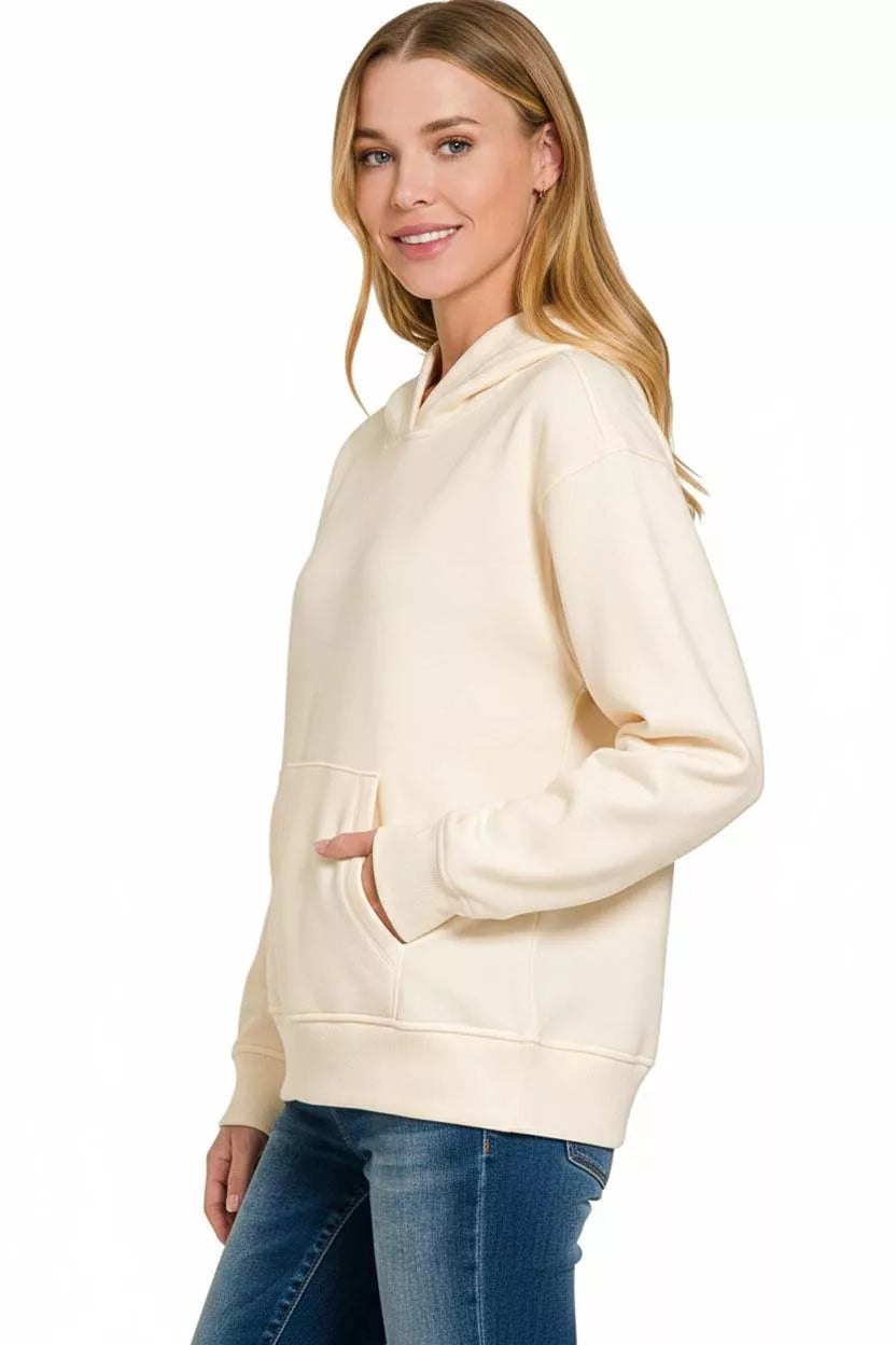 Gray Zenana fleece kangaroo pocket hoodie with hood and long sleeves, featuring a cozy, casual fit and front pocket.