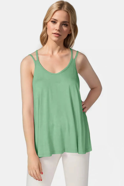 Trendsi Basic Bae bamboo camisole with scoop neck and double spaghetti straps, lightweight and soft fabric, beige color.