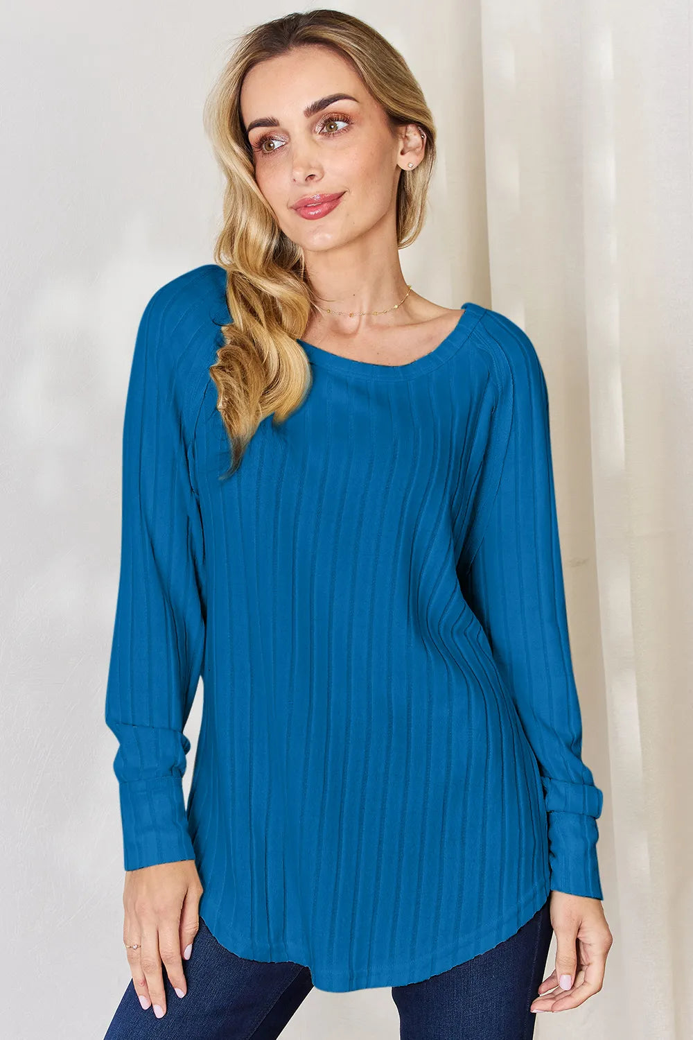 Basic Bae ribbed round neck slit T-shirt by Trendsi, full size, soft fabric, featuring a classic fit with side slit detail.