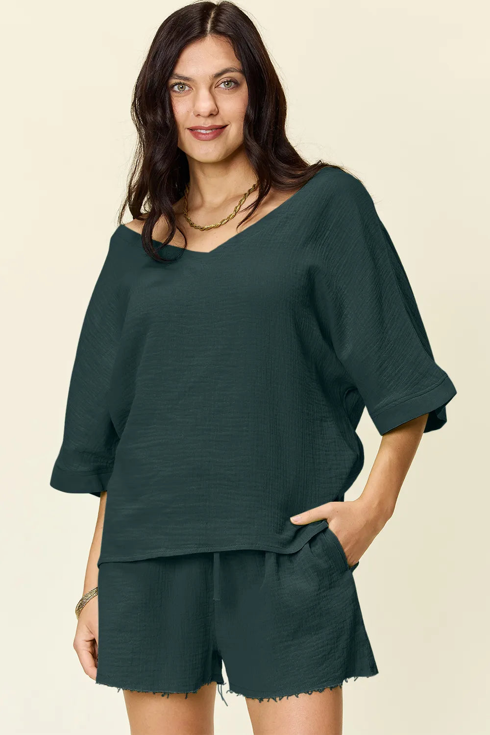 Trendsi Double Take Texture half sleeve T-shirt and drawstring shorts set, casual summer clothing, black color, textured fabric.