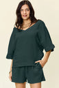 Trendsi Double Take Texture half sleeve T-shirt and drawstring shorts set, casual summer clothing, black color, textured fabric.