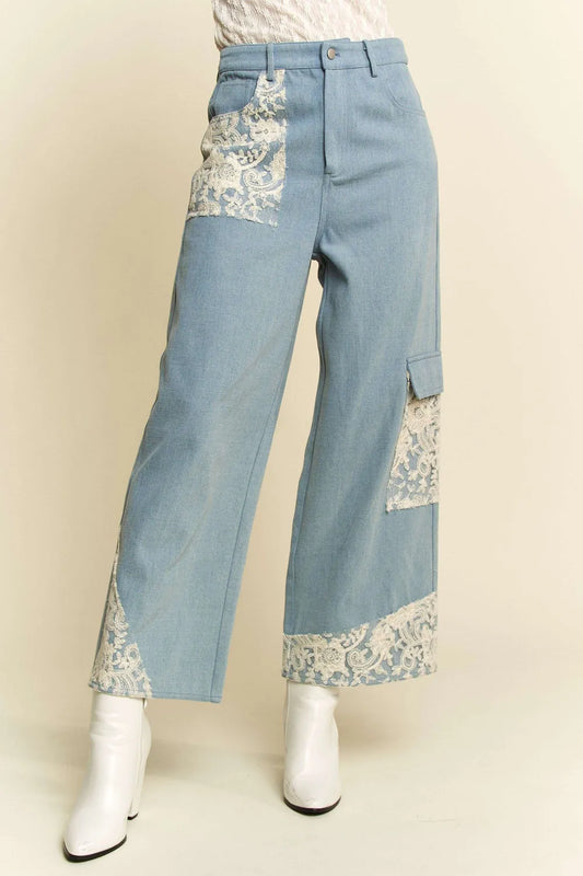 Davi & Dani Lace Applique Wide Leg Jeans showcasing lace details and wide-leg fit, trendy denim from Trendsi.
