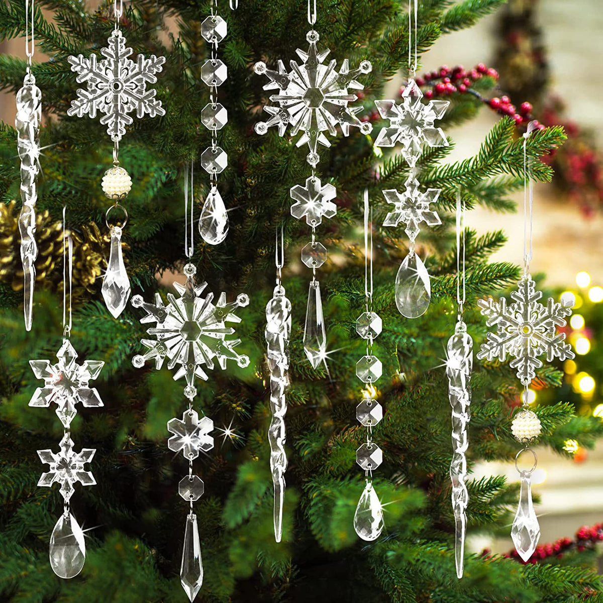 Set of 10 acrylic icicle ornaments featuring clear, shimmering designs for holiday or winter décor.