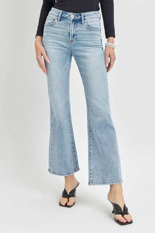 Risen full size high-rise ankle flare jeans by Trendsi, showcasing classic denim with a fitted waist and flared leg silhouette.