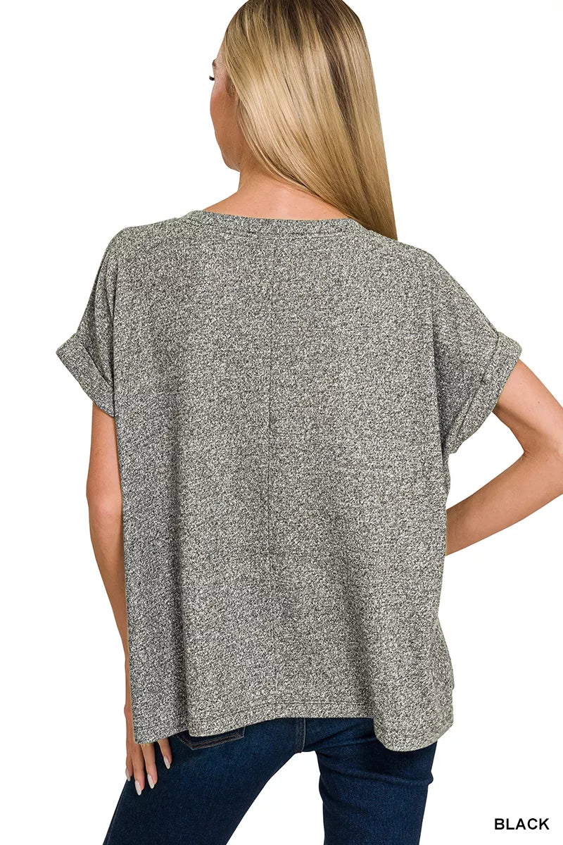Soft melange Hacci short sleeve round neck top by Trendsi, shown in a comfortable, casual fit with a classic neckline.