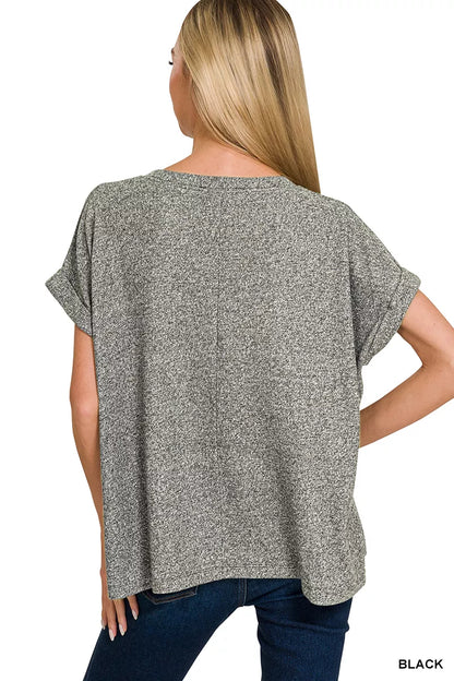 Soft melange Hacci short sleeve round neck top by Trendsi, shown in a comfortable, casual fit with a classic neckline.
