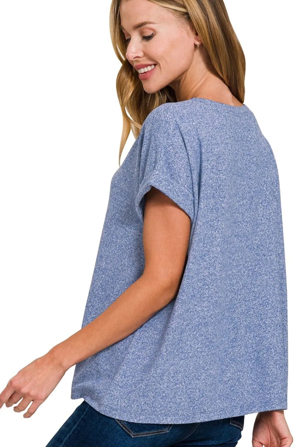 Soft melange Hacci V-neck tee from Zenana, featuring a comfortable fit and casual style, shown on a hanger with a neutral background.